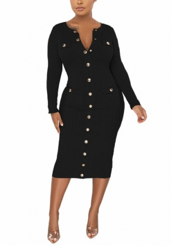(Black)2022 Styles Women Fashion Spring&Winter TikTok&Instagram Styles Long Sleeve Front Button Midi Dress
