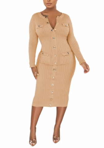 (Apricot)2022 Styles Women Fashion Spring&Winter TikTok&Instagram Styles Long Sleeve Front Button Midi Dress