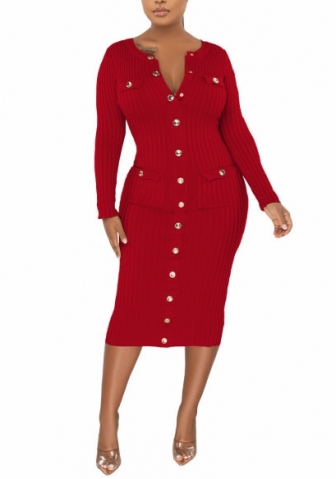 (Red)2022 Styles Women Fashion Spring&Winter TikTok&Instagram Styles Long Sleeve Front Button Midi Dress