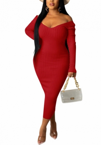(Red)2022 Styles Women Fashion Spring&Winter TikTok&Instagram Styles Solid Color Long Sleeve Midi Dress