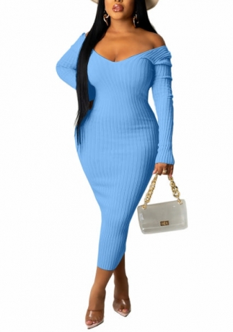 (Blue)2022 Styles Women Fashion Spring&Winter TikTok&Instagram Styles Solid Color Long Sleeve Midi Dress