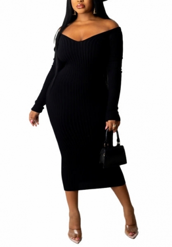 (Black)2022 Styles Women Fashion Spring&Winter TikTok&Instagram Styles Solid Color Long Sleeve Midi Dress
