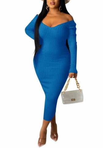 (Dark Blue)2022 Styles Women Fashion Spring&Winter TikTok&Instagram Styles Solid Color Long Sleeve Midi Dress