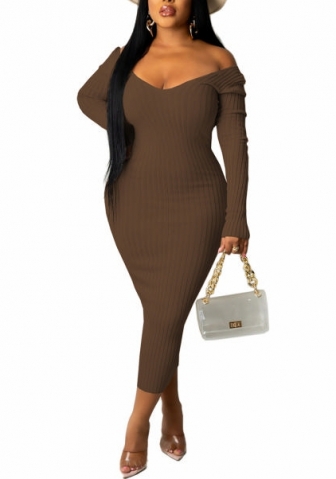 (Coffee)2022 Styles Women Fashion Spring&Winter TikTok&Instagram Styles Solid Color Long Sleeve Midi Dress