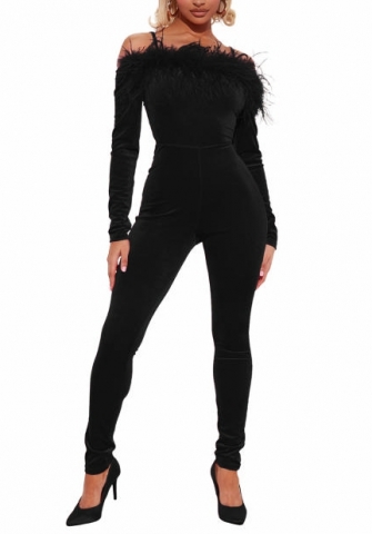 (Black)2022 Styles Women Fashion Spring&Winter TikTok&Instagram Styles Off Shoulder Tassel Jumpsuit