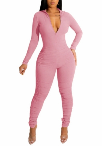 (Pink)2022 Styles Women Fashion Spring&Winter TikTok&Instagram Styles  Deep V Neck Solid Color Jumpsuit