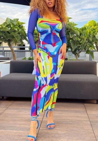 (Real Image)2022 Styles Women Fashion Spring&Winter TikTok&Instagram Styles Print Mesh Long Sleeve Maxi Dress