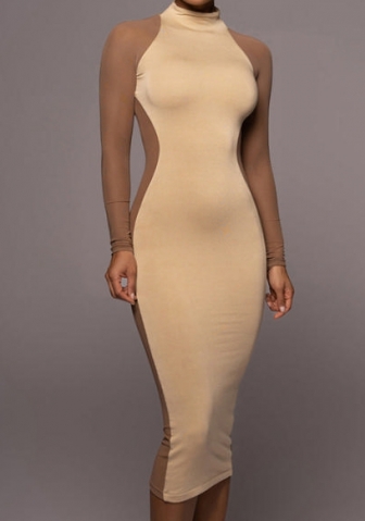 (Apricot)2022 Styles Women Fashion Spring&Winter TikTok&Instagram Styles Mesh Contrast Color Long Sleeve Maxi Dress