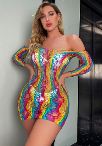 (Real Image)2022 Styles Women Sexy Spring&Winter TikTok&Instagram Styles Off Shoulder Long Sleeve Net Colorful Mini Dress