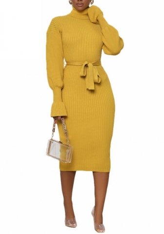 (Yellow)2022 Styles Women Sexy Spring&Winter TikTok&Instagram Styles OL Long Sleeve Midi Dress with Waist Tie