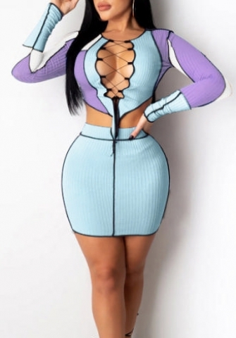 (Blue)2022 Styles Women Sexy Spring&Winter TikTok&Instagram Styles Lace Up Two Piece Dress