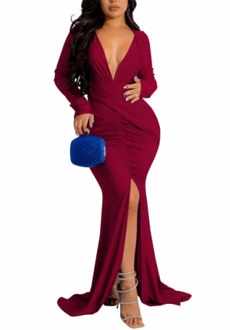 (Dark Red)2022 Styles Women Sexy Spring&Winter TikTok&Instagram Styles Cross V Neck Long Sleeve Maxi Dress