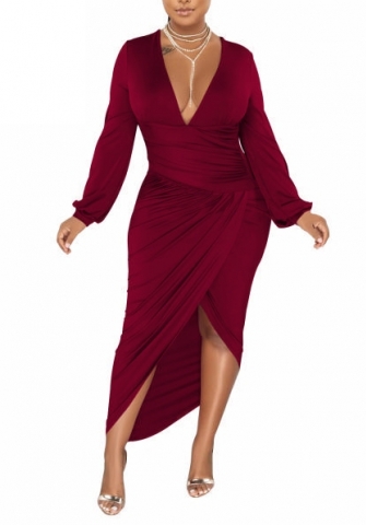 (Dark Red)2022 Styles Women Sexy Spring&Winter TikTok&Instagram Styles V Neck Long Sleeve Irregular Maxi Dress