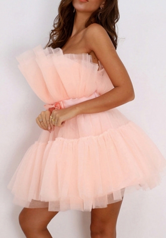 (Apricot)2022 Styles Women Sexy Spring&Winter TikTok&Instagram Styles Mesh Hem Mini Dress With Waist Tie