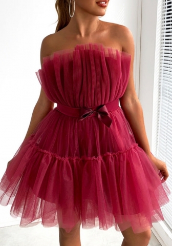 (Dark Red)2022 Styles Women Sexy Spring&Winter TikTok&Instagram Styles Mesh Hem Mini Dress With Waist Tie