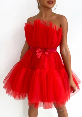 (Red)2022 Styles Women Sexy Spring&Winter TikTok&Instagram Styles Mesh Hem Mini Dress With Waist Tie