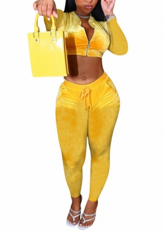 (Yellow)2022 Styles Women Sexy Spring&Winter TikTok&Instagram Styles Velvet Two Piece Suit