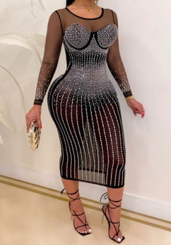 (Real Image)2022 Styles Women Sexy Spring&Winter TikTok&Instagram Styles Sequins Mesh Long Sleeve Midi Dress