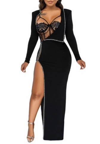 (Real Image)2022 Styles Women Sexy Spring&Winter TikTok&Instagram Styles Sequins Long Sleeve High Split Maxi Dress