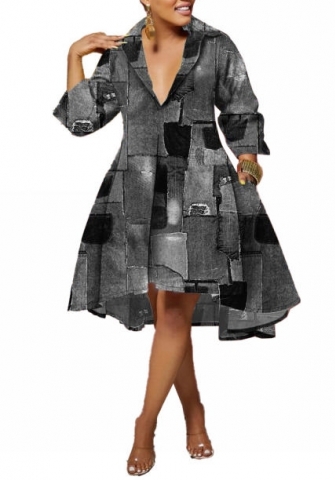 (Black&Gray)2022 Styles Women Sexy Spring&Winter TikTok&Instagram Styles Loose Print Front Button Hem Midi Dress