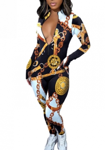 2022 Styles Women Sexy Spring&Winter TikTok&Instagram Styles Print Front Zipper Jumpsuit