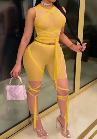 (Yellow)2022 Styles Women Sexy Spring&Winter TikTok&Instagram Styles Mesh Short Two Piece Suit