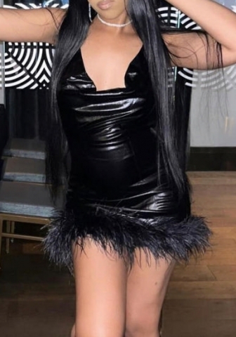 (Real Image)2022 Styles Women Sexy Spring&Winter TikTok&Instagram Styles Black PU Bottom Tassel Backless Club Dress