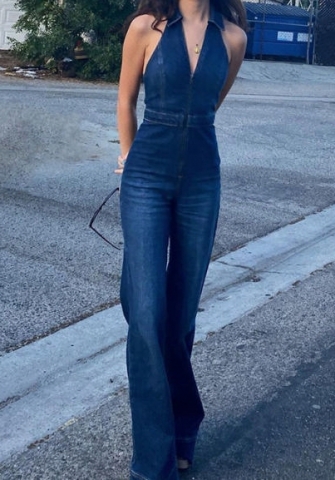 (Real Image)2022 Styles Women Sexy Spring&Winter TikTok&Instagram Styles Front Zipper Halter Jeans Jumpsuit
