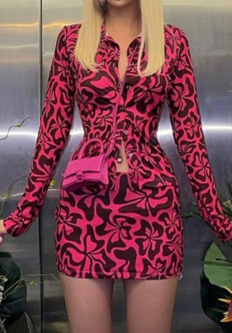 (Real Image)2022 Styles Women Sexy Spring&Winter TikTok&Instagram Styles Print Long Sleeve Front Button Two Piece Dress