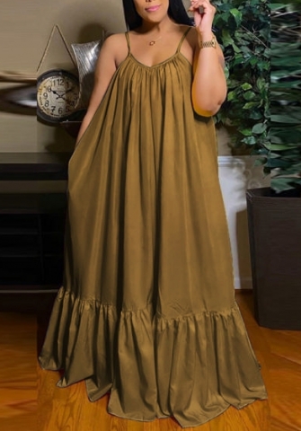 (Plus Size)(Dark Khaki)2022 Styles Women Sexy Spring&Winter TikTok&Instagram Styles Strap Loose Maxi Dress