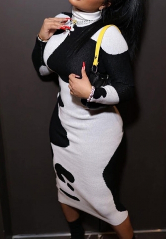 (Real Image)2022 Styles Women Sexy Spring&Winter TikTok&Instagram Styles Print Contrast Color Milk Maxi Dress