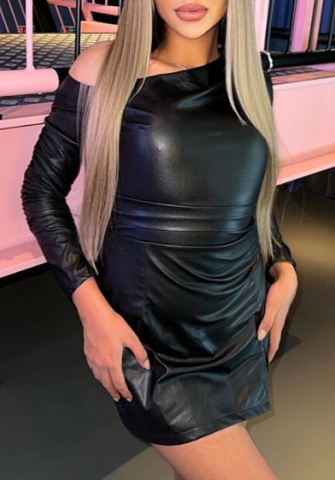 (Real Image)2022 Styles Women Sexy Spring&Winter TikTok&Instagram Styles PU Single Shoulder Mini Dress