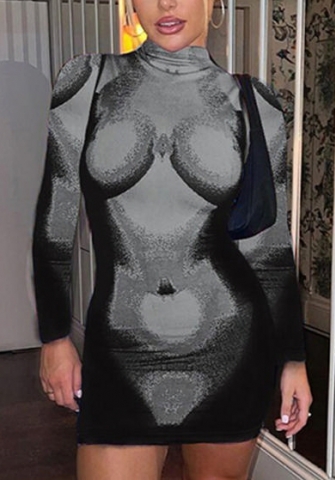 (Real Image)2022 Styles Women Sexy Spring&Winter TikTok&Instagram Styles Round Neck Print Long Sleeve Mini Dress