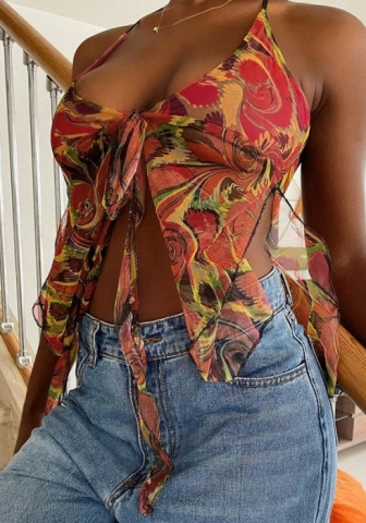 (Pre-Sale)(Real Image)2023 Styles Women Sexy&Fashion Spring&Summer TikTok&Instagram Styles Mesh Print Tops