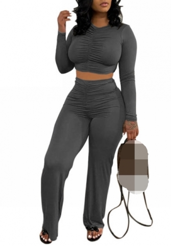 (Dark Gray)2023 Styles Women Sexy&Fashion Spring&Summer TikTok&Instagram Styles Ruffle Solid Color Two Piece Suit