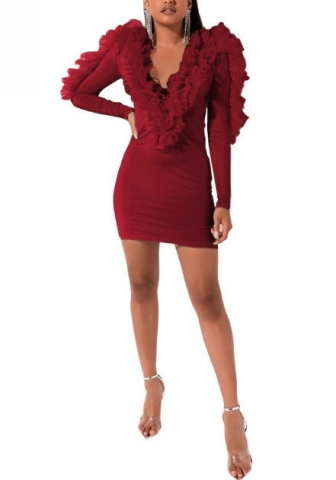 (Real Image)2023 Styles Women Sexy&Fashion Spring&Summer TikTok&Instagram Styles Ruffle V Neck Long Sleeve Mini Dress