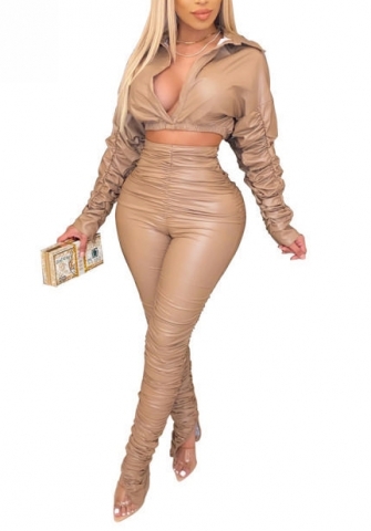 (Apricot)2023 Styles Women Sexy&Fashion Spring&Summer TikTok&Instagram Styles PU Ruffle Two Piece Suit