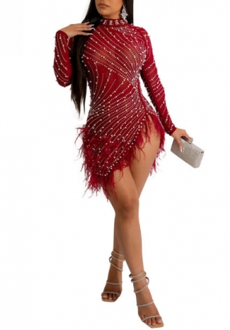 (Dark Red)2023 Styles Women Sexy&Fashion Spring&Summer TikTok&Instagram Styles Sequins Long Sleeve Irregular Mini Dress