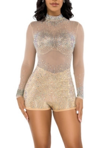 (Apricot)2023 Styles Women Sexy&Fashion Spring&Summer TikTok&Instagram Styles Sequins Mesh Long Sleeve Romper