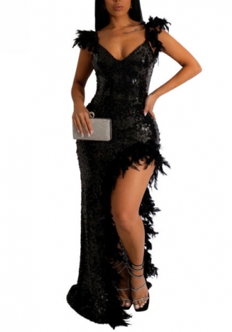 (Real Image)2023 Styles Women Sexy&Fashion Spring&Summer TikTok&Instagram Styles Sequins High Split Backless Maxi Dress