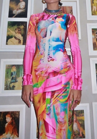 (Real Image)2023 Styles Women Sexy&Fashion Spring&Summer TikTok&Instagram Styles Pink Long Sleeeve Round Neck Maxi Dress