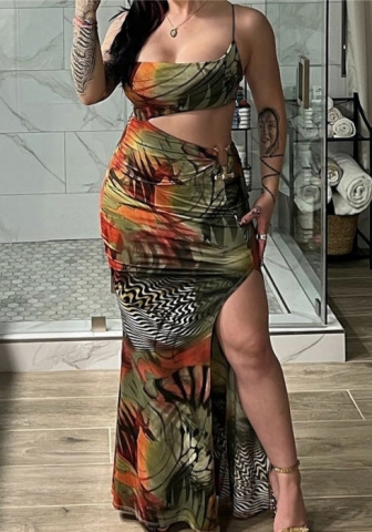 (Real Image)2023 Styles Women Sexy&Fashion Spring&Summer TikTok&Instagram Styles Print Cut Out Strap Maxi Dress