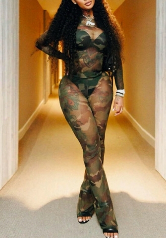 (Real Image)2023 Styles Women Sexy&Fashion Spring&Summer TikTok&Instagram Styles Camouflage Mesh Two Piece Suit