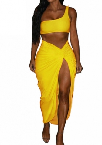 (Real Image)2023 Styles Women Sexy&Fashion Spring&Summer TikTok&Instagram Styles Solid Color Irregular Two  Piece Dress