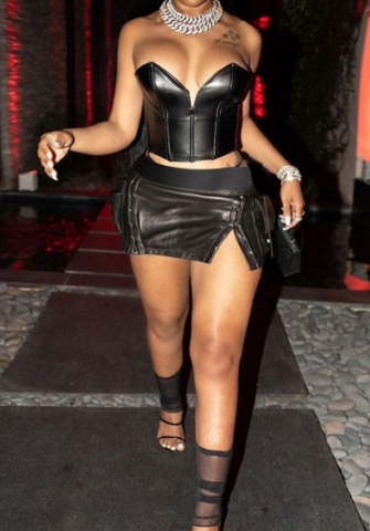 (Real Image)2023 Styles Women Sexy&Fashion Spring&Summer TikTok&Instagram Styles Black PU Two Piece Dress