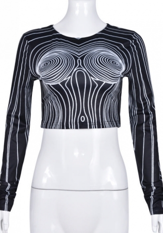 (Only Tops)(Black)2023 Styles Women Sexy&Fashion Spring&Summer TikTok&Instagram Styles Print Long Sleeve Tee