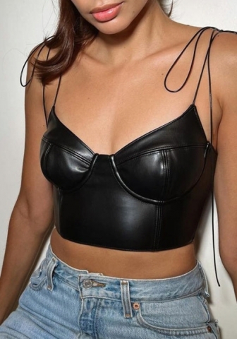 (Real Image)2023 Styles Women Sexy&Fashion Spring&Summer TikTok&Instagram Styles Black PU Tank Tops