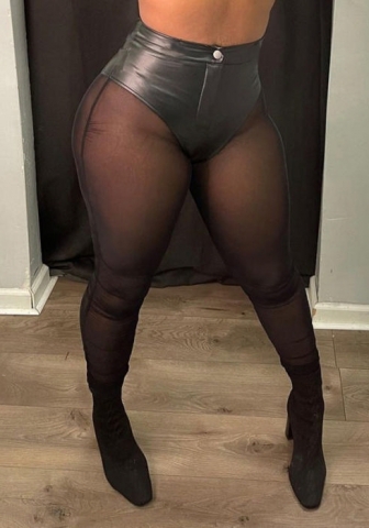 (Real Image)2023 Styles Women Sexy&Fashion Spring&Summer TikTok&Instagram Styles Black Mesh PU Long Pants