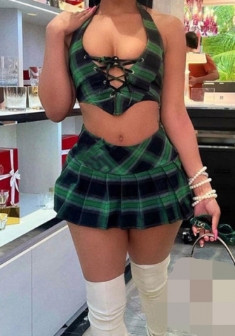 (Real Image)2023 Styles Women Sexy&Fashion Spring&Summer TikTok&Instagram Styles Green Plaid Two Piece Dress