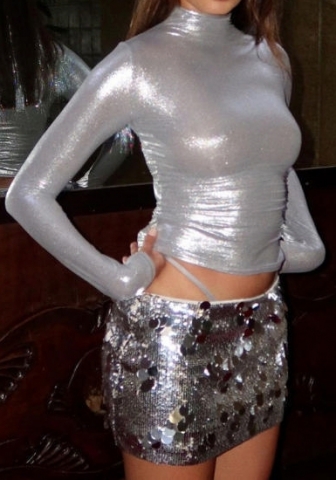 (Only Tops)(Real Image)2023 Styles Women Sexy&Fashion Spring&Summer TikTok&Instagram Styles Silver Long SLeeve Tops